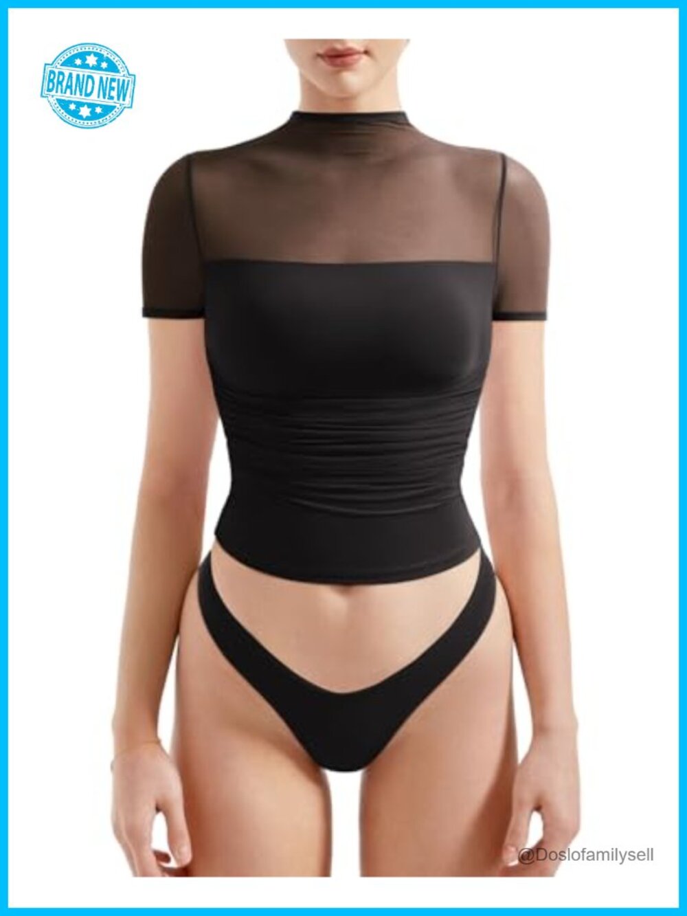 Women Sexy Mesh Sheer Short Sleeve Mock Neck Ruched Going Out Crop Top